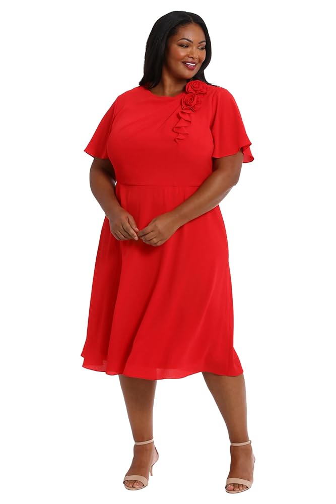 London Times Women's Dresses Rosette Flutter Sleeve Fit and